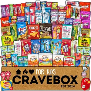 CRAVEBOX snack box with 55 individually wrapped snacks, including chips, cookies, and candies
