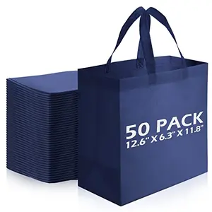 Navy blue reusable tote bags stacked in a compact fold