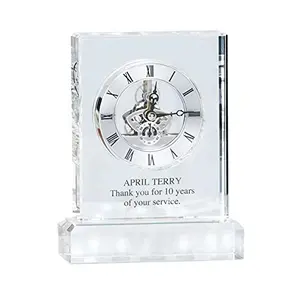 Baudville engraved crystal clock trophy with silver inset timepiece and felt-lined box