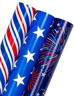 WRAPAHOLIC patriotic wrapping paper rolls with fireworks, stars, and stripes designs