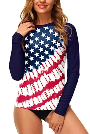 Womens American flag rash guard with raglan sleeves for surfing