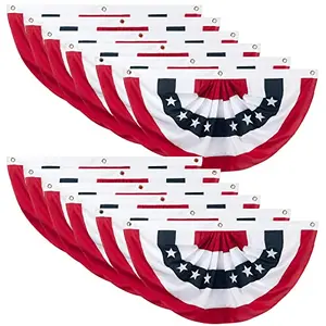 A dozen American fan flags decorating a long porch and fence for a party