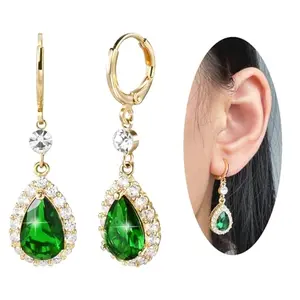 14k gold plated teardrop earrings with emerald green rhinestone center, elegant dangle