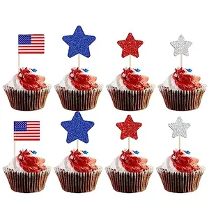Gyufise patriotic cupcake toppers set with glittery stars and American flag picks on a rustic wood table