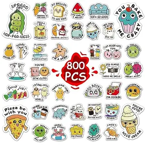 Pack of 800 colorful teacher reward stickers with cartoon characters and punny sayings