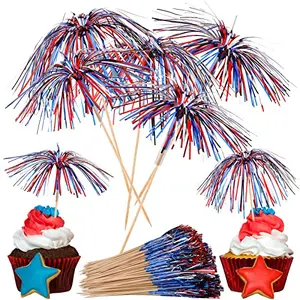 Jinei large pack of red white and blue foil firework cocktail picks with long sticks in a jar