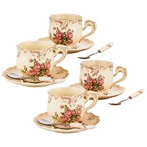 Four red rose teacups with saucers and spoons, featuring handcrafted gold trim