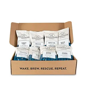 Grounds and Hounds eight blend coffee sample kit with pre-ground bags