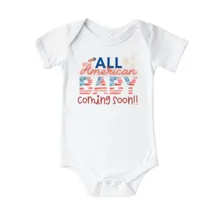 White baby onesie with Red White and Due Fourth of July pregnancy announcement design
