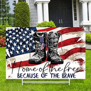 Kigeli Memorial Day yard sign with soldier boots and American flag
