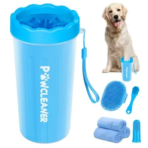 Comotech large blue paw cleaner cup with brush, toothbrushes, and towels