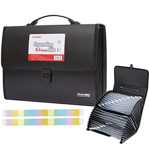 TRANBO 25-Pocket Accordion File Folder black with handle