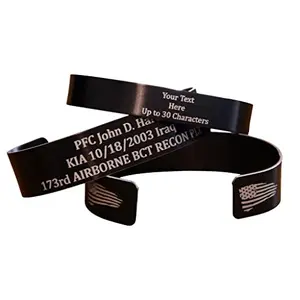Laser-engraved metal memorial bracelet with POW MIA design