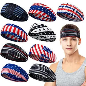 Set of nine Zhanmai sweatbands with flag and camo patterns laid out showing variety