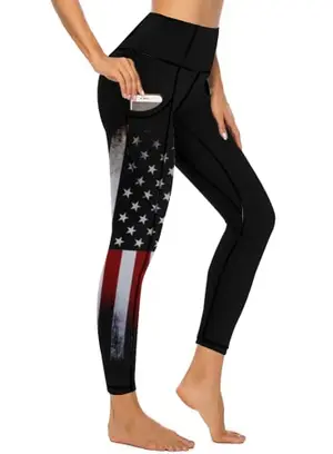 Women's high-waisted American flag leggings with side pockets, ideal for workout and casual wear