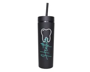 Personalized black tumbler with a tooth and name printed in teal