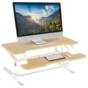 Mount-It 38-inch desk converter with maple finish and a tablet slot in an office