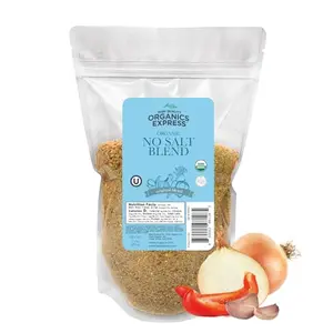 HQO No Salt Organic Seasoning container next to fresh vegetables
