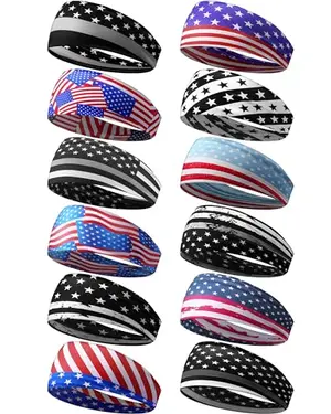 Lyrow 12-pack American flag headbands spread out showing different flag-inspired patterns