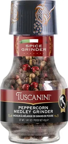 Tuscanini peppercorn medley grinder with glass jar and mixed peppercorns