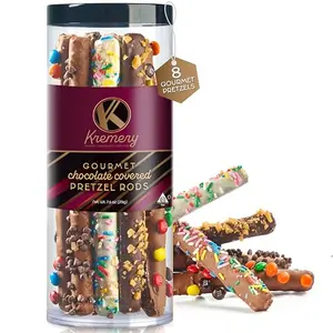 KREMERY chocolate covered pretzel rods in clear tube with assorted toppings