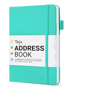 Taja address book in aquamarine with alphabetical tabs and pen loop