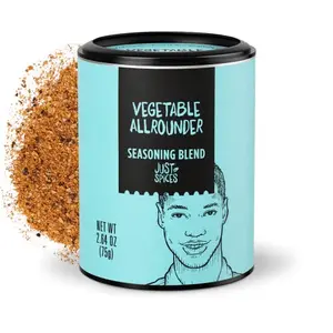 Just Spices Vegetable Allrounder tin on a kitchen counter