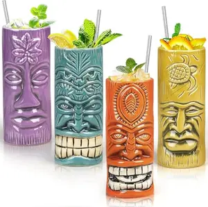 Colorful set of 4 large ceramic tiki mugs with modern designs, perfect for budget-friendly rum cocktail parties at home.