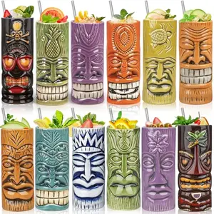 Set of 12 large, hand-painted ceramic tiki mugs in mixed colors and expressions, perfect for rum cocktails at Hawaiian parties.
