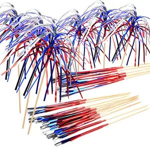 FOIMAS 100 red white and blue firework toothpicks with metallic tinsel on bamboo sticks