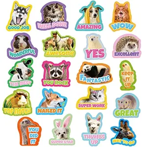 Assortment of round stickers with watercolor-style animals and encouraging text