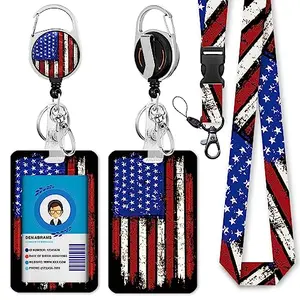 Immaturus American flag ID badge holder with lanyard and retractable reel on office desk