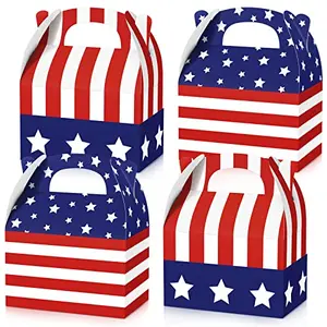 Assortment of patriotic gift boxes with American flag patterns and handles, ready to assemble