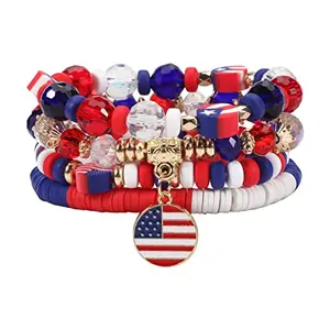 Stretchy heishi bead bracelet with red, white, and blue stars and stripes pattern on a wrist