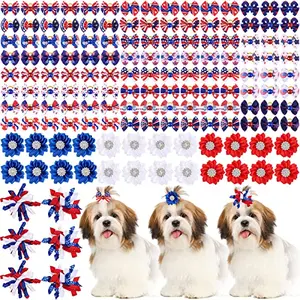 Kacctyen 150 Pcs 4th of July Patriotic Dog Bows with Rubber Bands