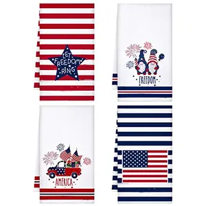 Kajaia 4-pack patriotic kitchen towels with truck, gnome, and flag designs