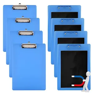 Set of four blue DOSTATNI magnetic clipboards on a whiteboard with family schedules