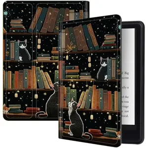 Cat library Kindle case with whimsical design, standing up showing adjustable angles