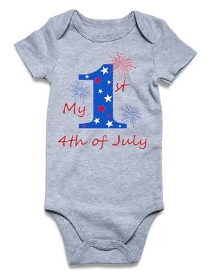 Baby wearing UNICOMIDEA 4th of July romper with stars and stripes