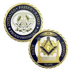 Standard Masonic blue lodge challenge coin in gold color with square and compass