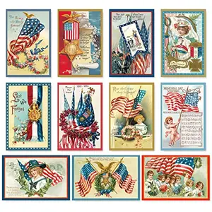 AnyDesign 33-pack vintage patriotic greeting cards with envelopes and stickers, displayed fanned out on table