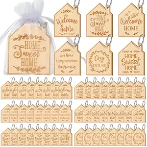 Bulk pack of wooden house-shaped keychains with organza bags, ideal for real estate agent client gifts