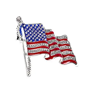 Silver tone rhinestone waving American flag brooch pin with red and blue enamel