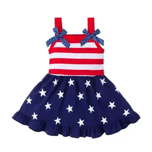 Magic Park toddler girl 4th of July dress with red and white stripes, blue star skirt, and bow straps