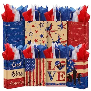 32 vintage-style kraft paper patriotic gift bags with red, white, and blue stars and stripes designs, plus tissue paper.