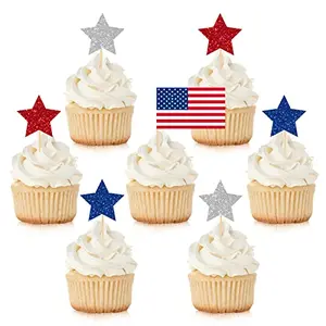 Whaline 140 piece patriotic cupcake topper kit with glitter star and flag picks and glue dots on a white surface