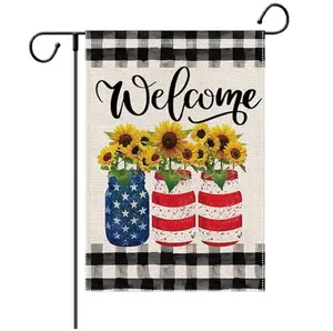 LHSION Sunflowers Buffalo Plaid Patriotic Garden Flag