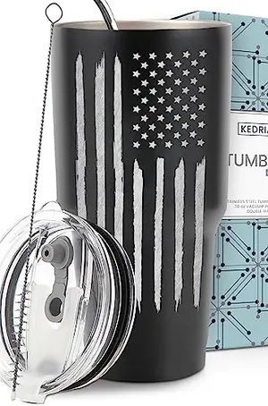 KEDRIAN 30oz American flag tumbler with metal straw and cleaning brush, gift box