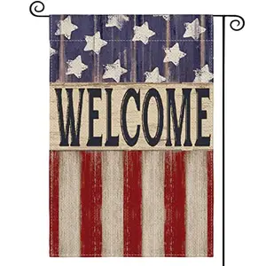 Distressed retro American stars and stripes garden flag waving on a porch