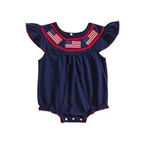 Navy baby onesie romper with American flag stripe star print and flying sleeves